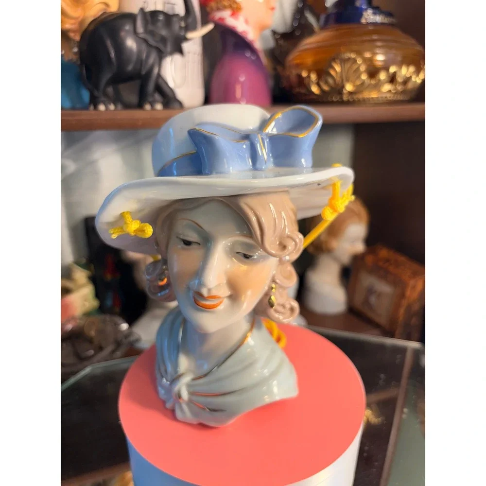 Vintage Ceramic Lady Head Vase Blue Hat Gold Trim Mid Century Style Figurine